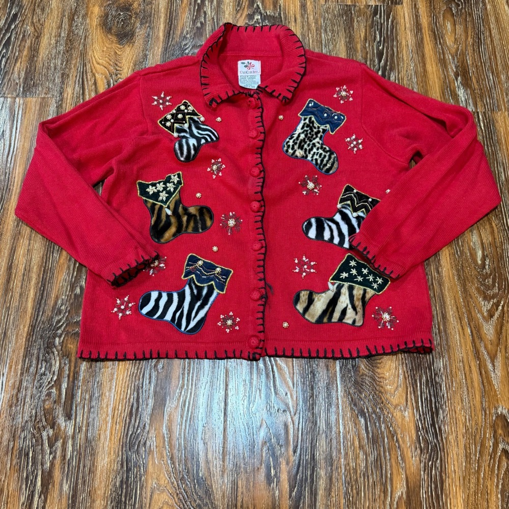 Nutcracker Size L Vintage Christmas Cardigan Sweater Red Animal Print Stocking